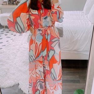 Mixed Floral Long Sleeve Robe Dress 